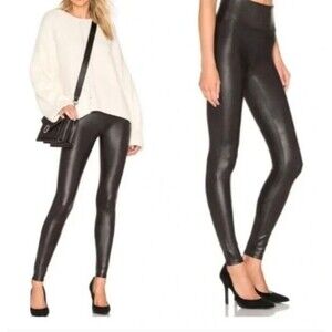 Women's Black Spanx Faux Leather Leggings Size Medium Petite MP